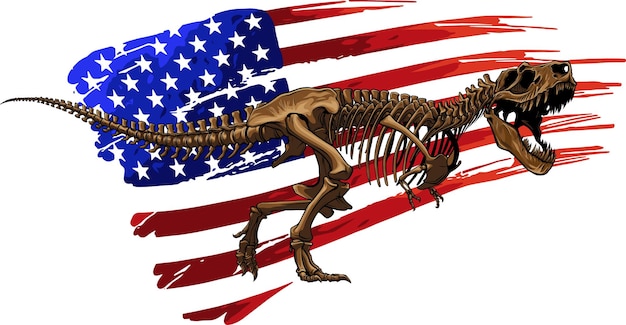 Ilustración del esqueleto del tiranosaurio T rex con bandera americana