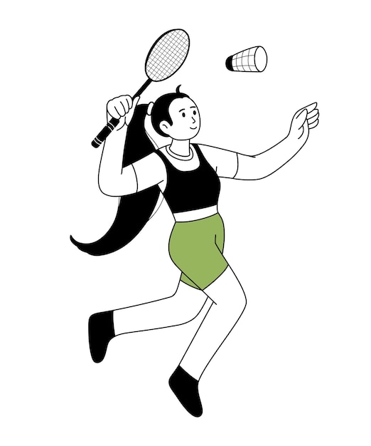 Ilustración del esquema de bádminton Un jugador de báddminton saltando un golpe destrozador Personaje para el deporte