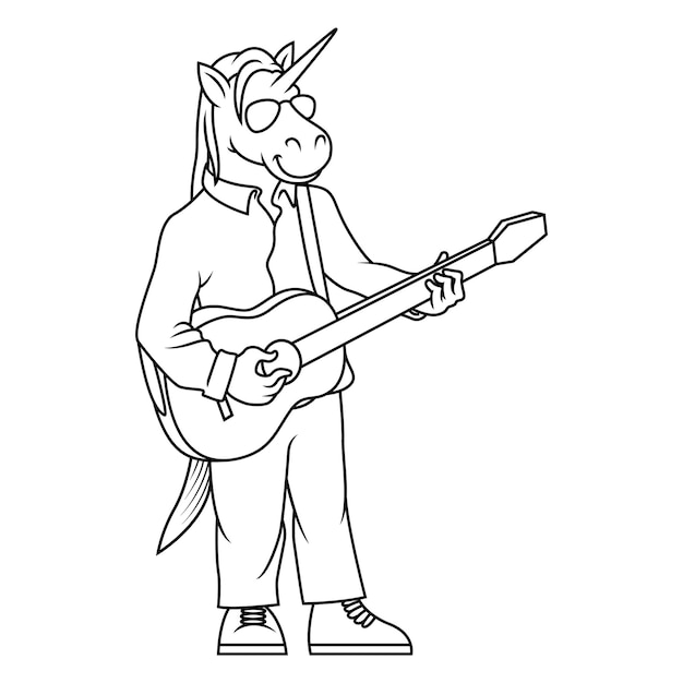 Ilustración del esquema del caballo unicornio de dibujos animados tocando la guitarra acústica