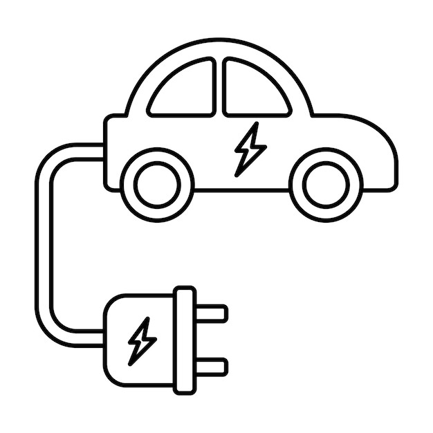 Ilustración de esquema de coche eléctrico sobre fondo blanco doodle