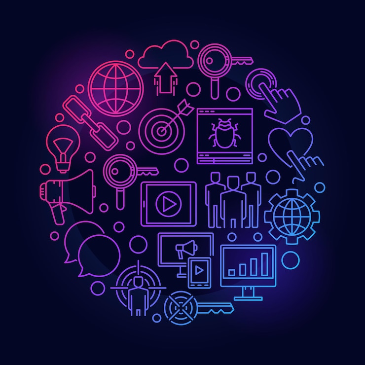 Vector ilustración de esquema de color de concepto redondo de vector de marketing en internet