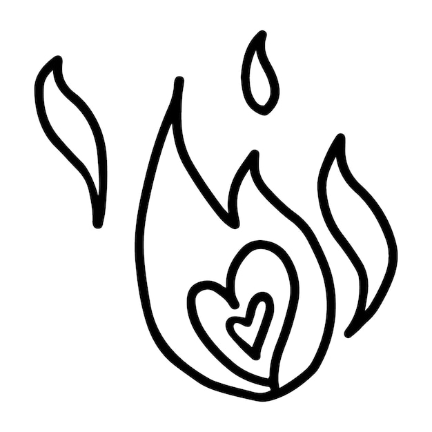 Ilustración de esquema de fuego con corazón dentro en estilo garabato