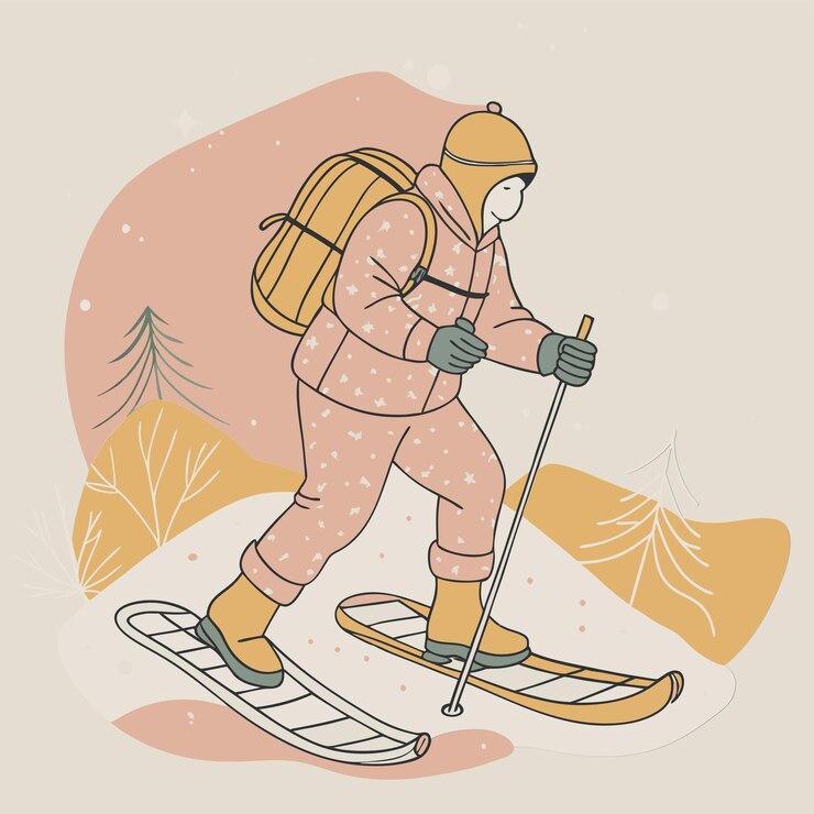 una ilustración de un esquiador con una mochila y una mochila en ella