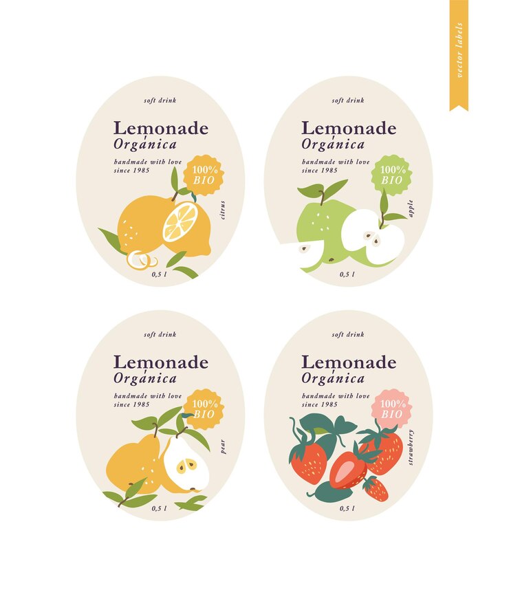 Ilustración establece etiquetas de plantilla para envasado de limonada. Diferentes sabores: cítricos, pera, manzana y fresa.