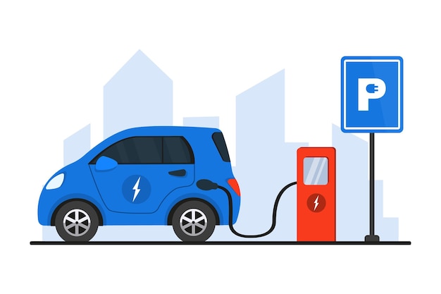 Vector ilustración de la estación de carga de vehículos eléctricos con un automóvil en el fondo de la vista de la ciudad carga de la batería del automóvil eléctrico en la estación de recarga eléctrica ilustración de soncept para la ecología del medio ambiente verde