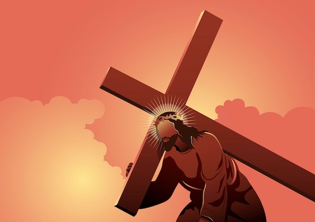 Una ilustración de las estaciones de la cruz, jesucristo toma su cruz. serie bíblica