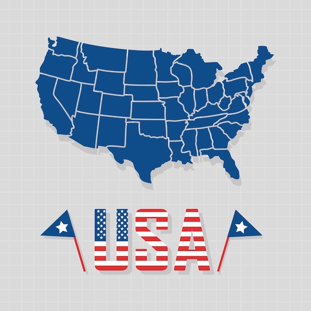 Ilustración de estados unidos con mapa del país y banderas