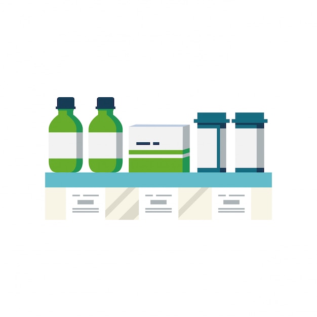 Vector ilustración de la estantería de drogas o escaparate con medicamentos y tabletas pastillas botellas gotas. tabletas con etiquetas de precios.