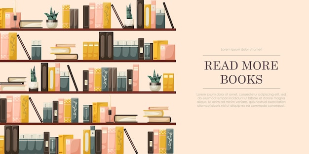 Ilustración de estanterías con varios libros y plantas sobre fondo beige Concepto de promoción de la lectura Ilustración vectorial
