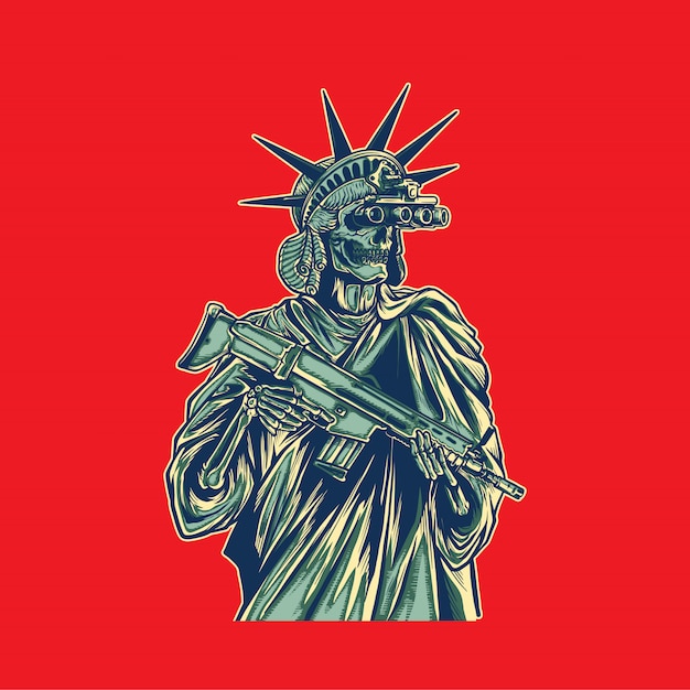 Vector ilustración de la estatua de la libertad traer pistola y usar visión nocturna