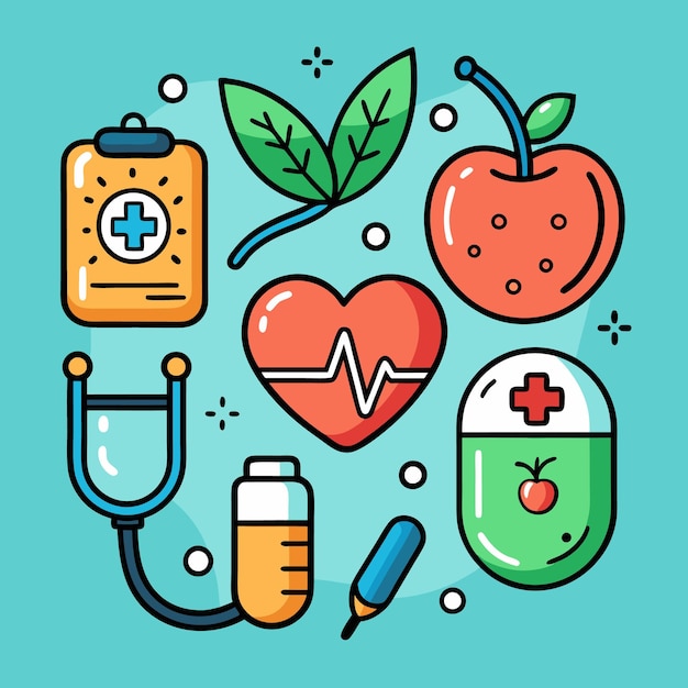 Ilustración de un estetoscopio de corazón rojo, hojas verdes de manzana roja y un frasco médico