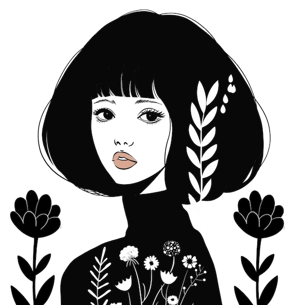 Ilustración estilizada en blanco y negro de una mujer con cabello corto y elementos florales