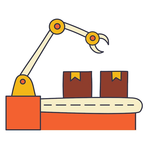 Ilustración estilizada de una cinta transportadora con dos cajas y un brazo mecánico con una pinza que representa los procesos de automatización y fabricación
