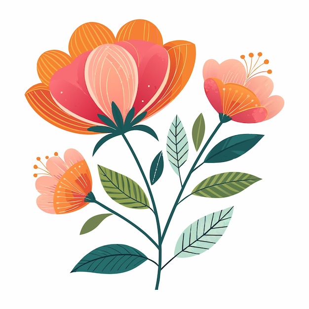 Ilustración estilizada de una flor de pétalos naranjas y rosados vibrantes hojas verdes simples