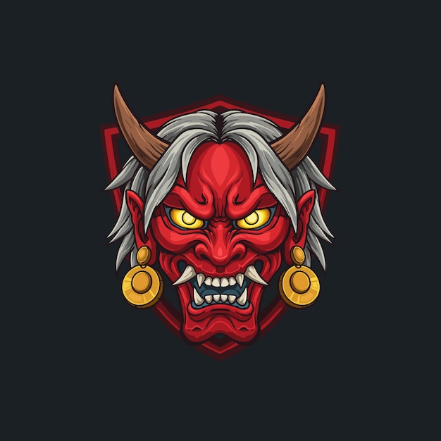 Una ilustración estilizada de una máscara oni roja con cuernos dientes afilados y pendientes de oro en un fondo oscuro dentro de una forma de escudo