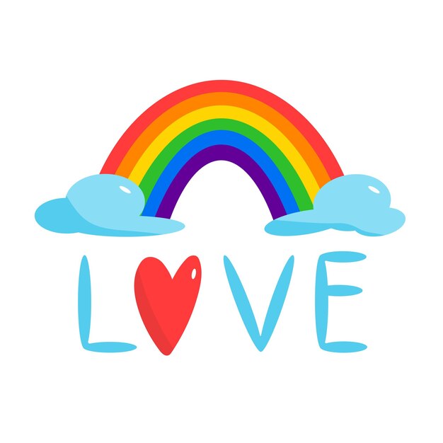 Ilustración estilizada con nubes de corazón arco iris y letras de amor