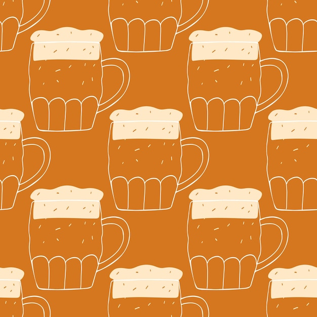 Ilustración estilizada de patrones sin fisuras tazas de cerveza sobre fondo marrón