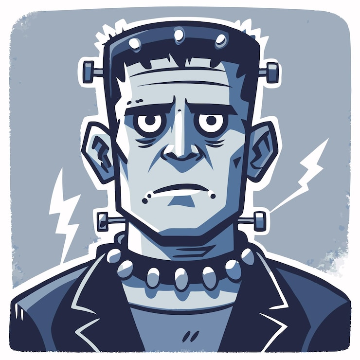 Vector una ilustración estilizada de un personaje monstruo con pernos y una expresión sombría