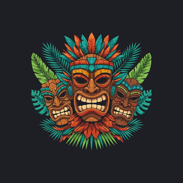 Una ilustración estilizada presenta tres vibrantes máscaras de tiki adornadas con follaje tropical que crean un visual audaz y exótico