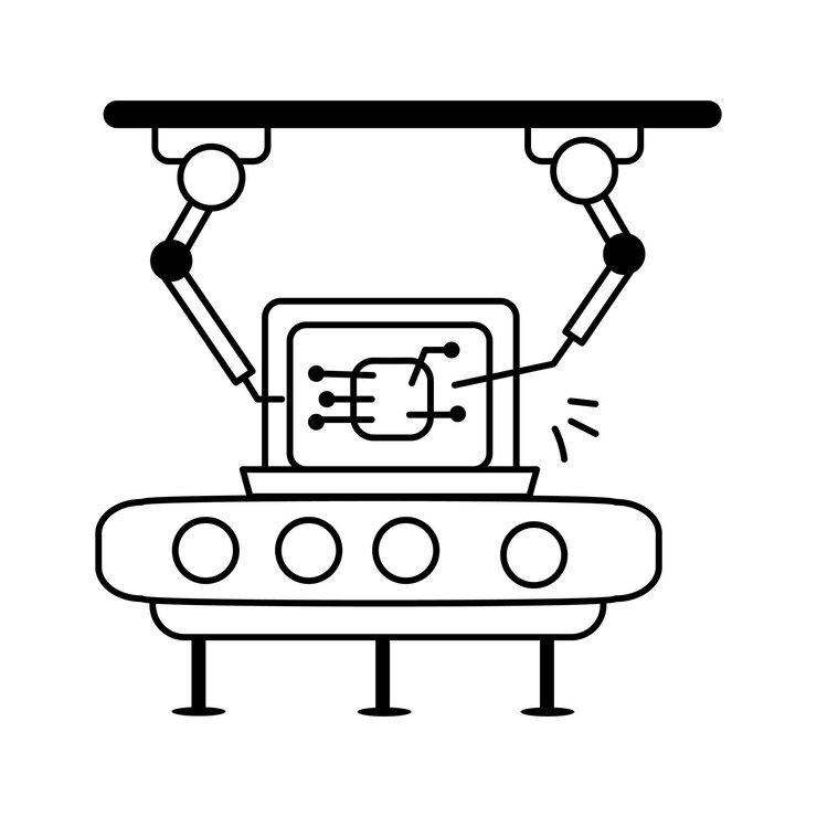 Vector una ilustración estilizada de un sistema automatizado futurista que ensambla una placa de circuitos