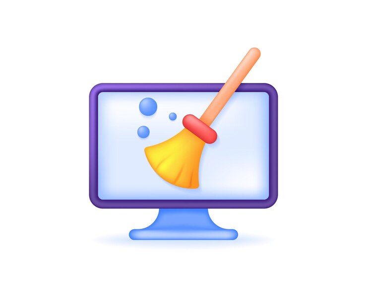 Vector ilustración de estilo 3d de un monitor de computadora con una escoba o concepto de software de limpieza de basura de computadora