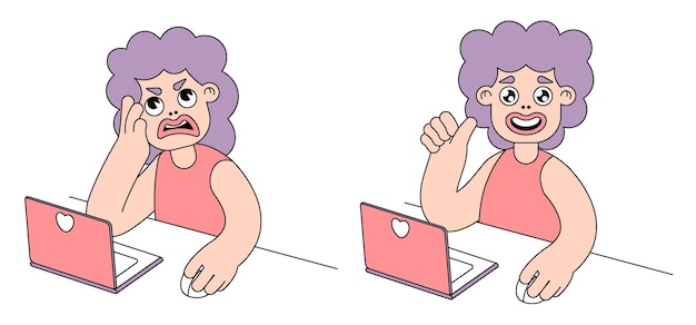 Ilustración de estilo antes y después con una mujer feliz e infeliz usando una computadora mujer de dibujos animados divertida está sentada en la computadora imagen aislada en vector de fondo blanco