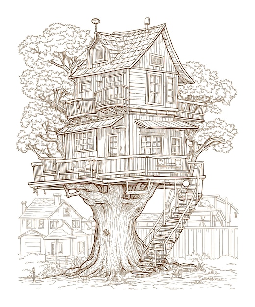 Ilustración de estilo de arquitectura de la casa del árbol de línea simple