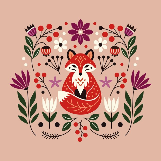 Ilustración de estilo de arte popular de un zorro rodeado de flores decorativas, hojas y bayas