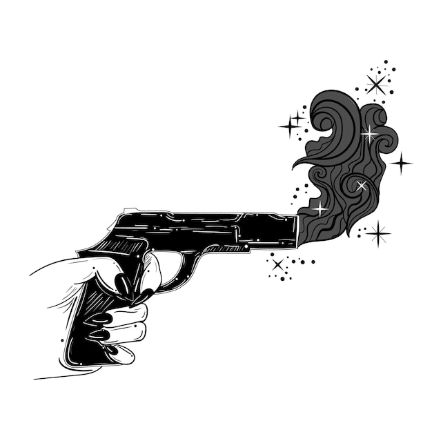 Ilustración de estilo de arte de tatuaje con la mano sosteniendo una pistola