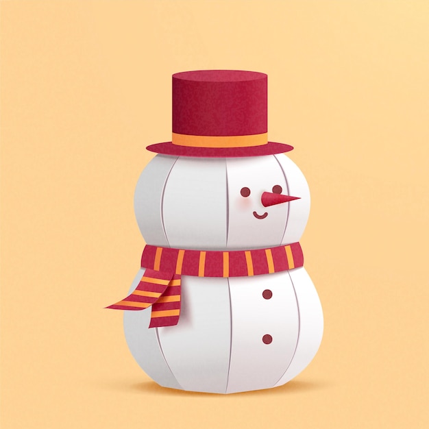 Ilustración de estilo artístico en papel de un muñeco de nieve con bufanda roja y sombrero sobre fondo amarillo