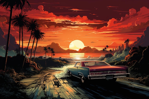 ilustración de estilo con automóvil conduciendo hacia el vector del atardecer