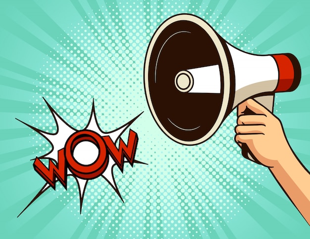 Ilustración de estilo cómic pop art de vector. El altavoz sobre un fondo de puntos de semitono. Banner publicitario con globo de diálogo