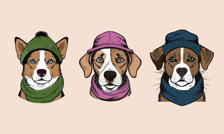 Ilustración de estilo de dibujo de perros vintage con sombreros y bufandas
