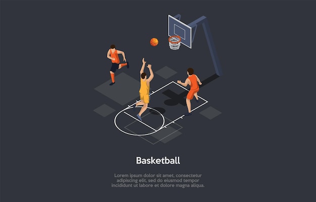 Ilustración en estilo de dibujos animados 3D, composición isométrica con objetos y personajes. Baloncesto. Infografía. Grupo de personas que juegan al deporte, actividad en equipo. Actividad profesional y amateur