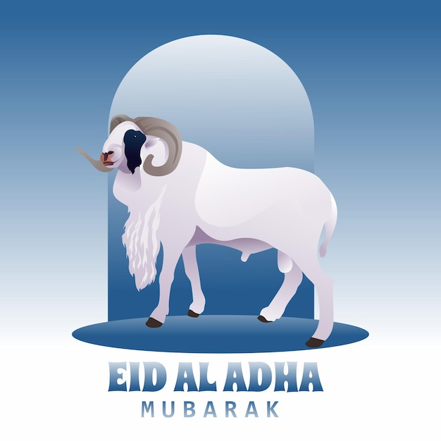 Ilustración de estilo de dibujos animados de una cabra con cuernos sobre un fondo azul degradado para Eid al-Adha Mubara