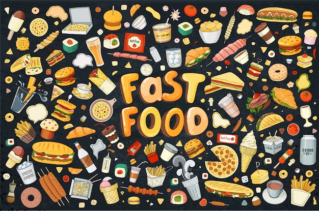 Vector ilustración estilo de dibujos animados. objetos de comida rápida. esta colección incluye hamburguesas, meriendas, hamburguesas, papas fritas, barbacoa, bebidas y otros artículos.