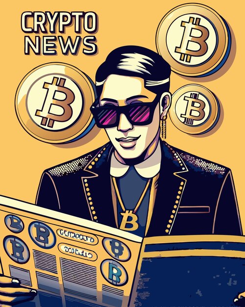 Ilustración de estilo de dibujos animados políticos Noticias de Bitcoin Desafiando el fondo de la criptomoneda
