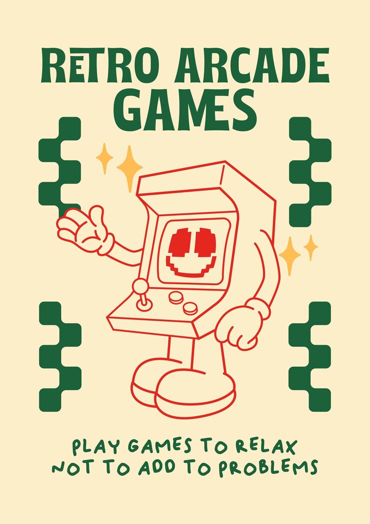 Vector ilustración de estilo dibujos animados póster juego de arcade retro