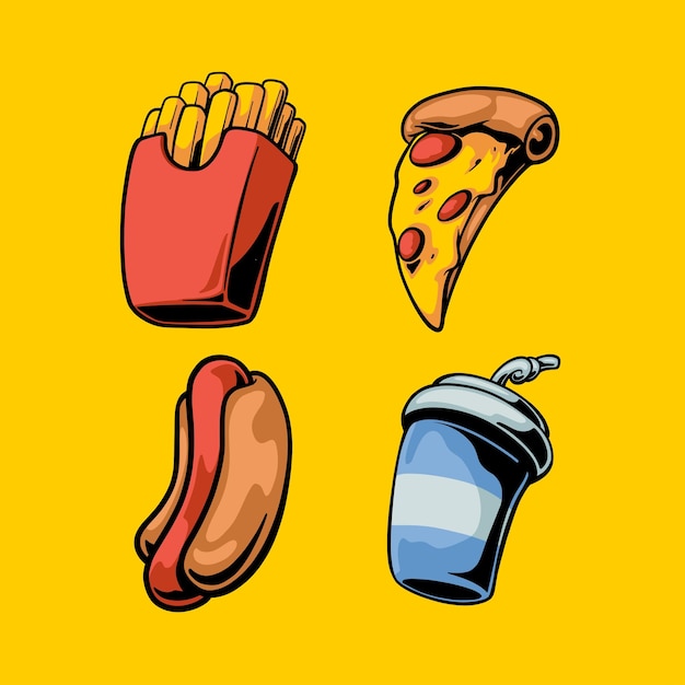 Ilustración de estilo de dibujos animados retro de comida chatarra colección de arte vectorial de personajes vintage