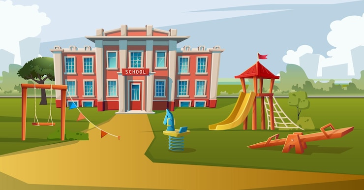 Vector ilustración de estilo de dibujos animados de vector. edificio escolar con zona de juegos para niños enfrente.