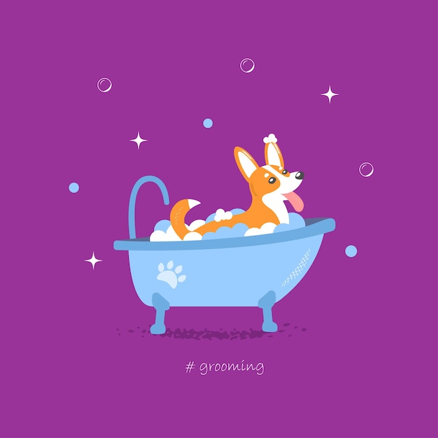 Ilustración de estilo de dibujos animados de vector de lindo perro corgi tomando un baño lleno de espuma de jabón Concepto de aseo