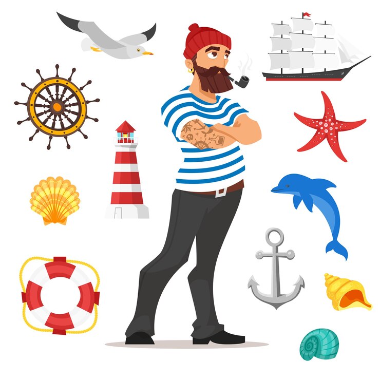Ilustración de estilo de dibujos animados de vector de pipa de fumar marinero barbudo. Iconos de mar. Aislado sobre fondo blanco.