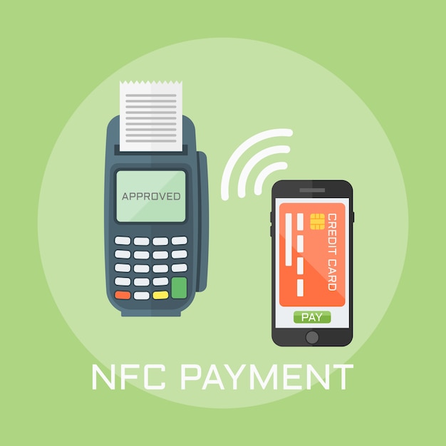Vector ilustración de estilo de diseño plano de pago nfc, terminal pos confirma el pago usando un teléfono inteligente