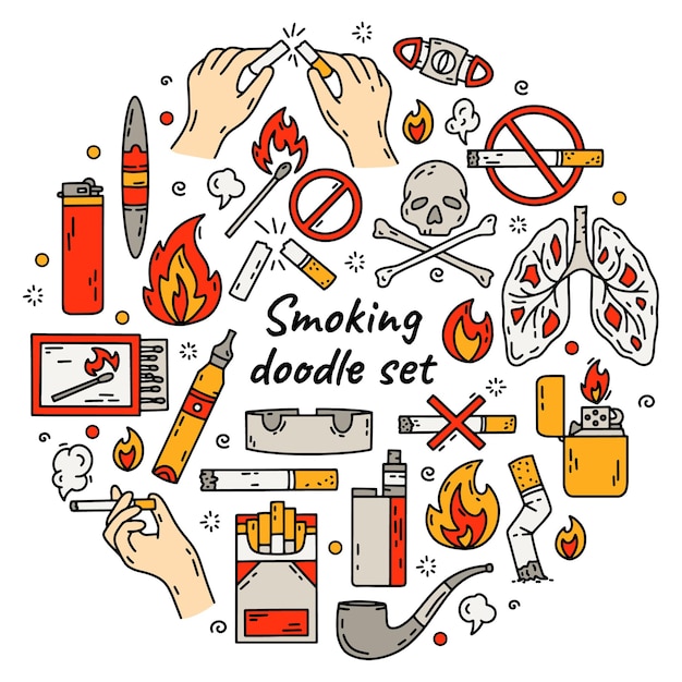 Ilustración de estilo de doodle circular de fumar cigarrillos