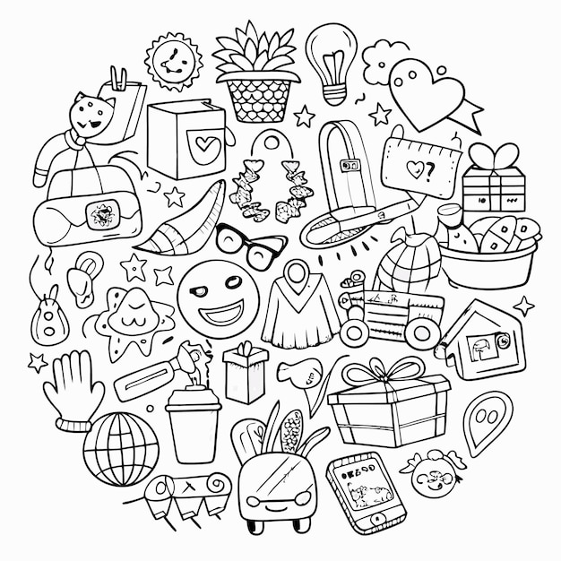 Ilustración de estilo doodle dibujada a mano de varios objetos en un diseño circular