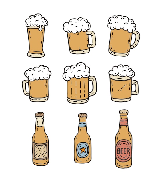 Ilustración en estilo doodle de dibujos animados de cerveza