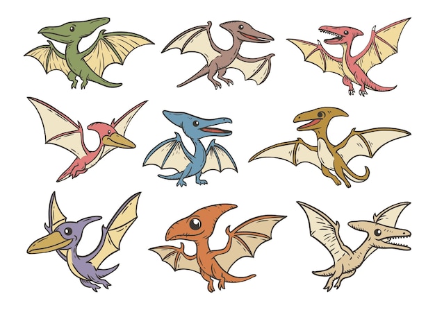 Vector ilustración de estilo doodle de dibujos animados de pterodáctilo de dinosaurio