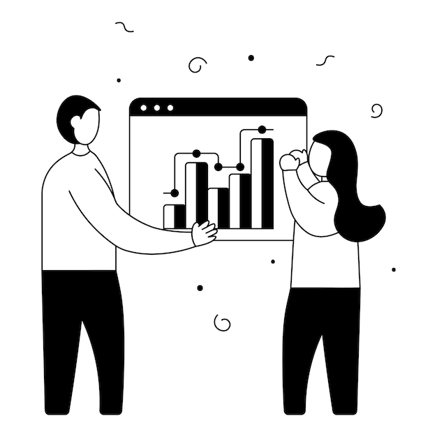 Ilustración de estilo doodle de hombre y mujer joven sin rostro que presenta un gráfico infográfico sobre fondo blanco