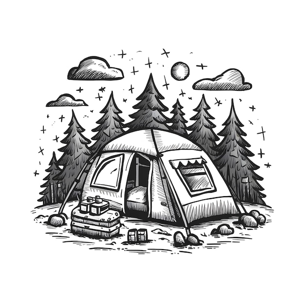 Ilustración de estilo de grabado de dibujo vectorial de boceto de tinta monocromática para acampar