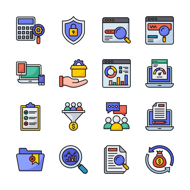 Ilustración de estilo de icono de contorno lleno de vectores de desarrollo y marketing de SEO EPS 10 Conjunto de archivos 2